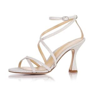Revolve Marion Parke Lottie Glitter Strappy Flared Stiletto Sandals in Chalk 40